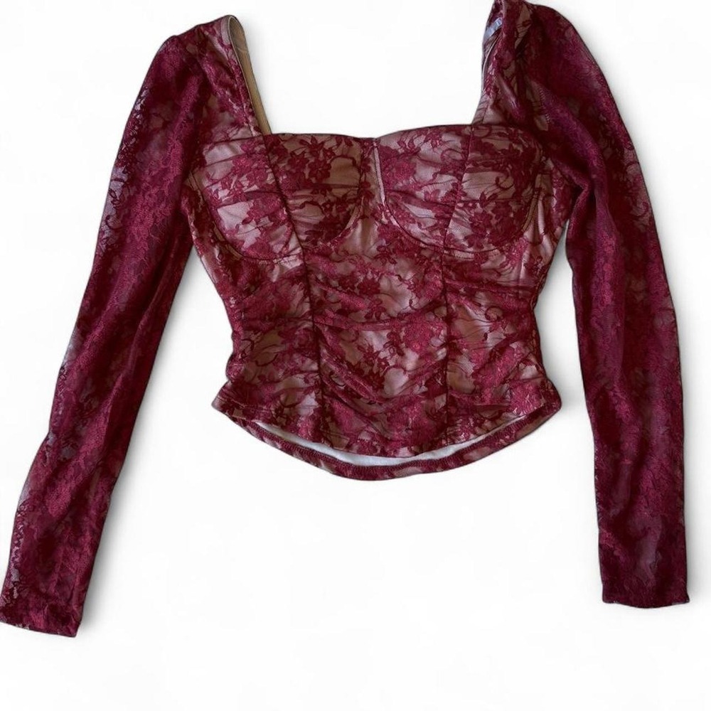 Madden Girl Burgundy Lace Corset Top Sheer Long Sleeve Coquette Size Large